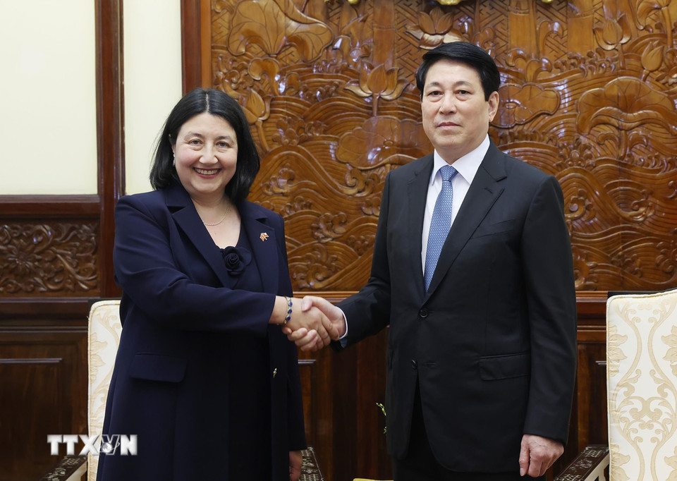 Chủ tịch nước Lương Cường tiếp Đại sứ Cộng hòa Chile tại Việt Nam Nasly Isabel Bernal Prado. (Ảnh: Lâm Khánh/TTXVN)