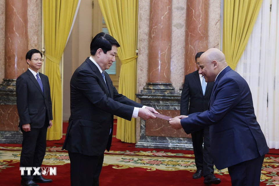 Chủ tịch nước Lương Cường nhận Quốc thư từ Đại sứ Ai Cập tại Việt Nam Hany Mostafa Mohamed Mostafa Hassan. (Ảnh: Lâm Khánh/TTXVN)