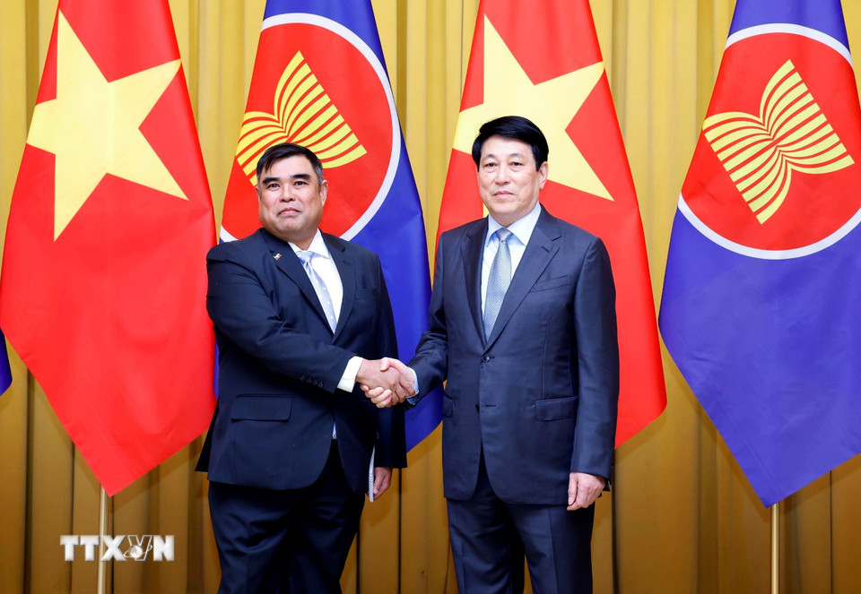 Chủ tịch nước Lương Cường với Đại biện lâm thời Đại sứ quán Myanmar tại Việt Nam Soe Ko Ko. (Ảnh: Lâm Khánh/TTXVN)