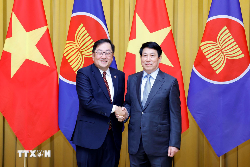 Chủ tịch nước Lương Cường với Đại sứ Malaysia tại Việt Nam Dato' Tan Yang Thai. (Ảnh: Lâm Khánh/TTXVN)