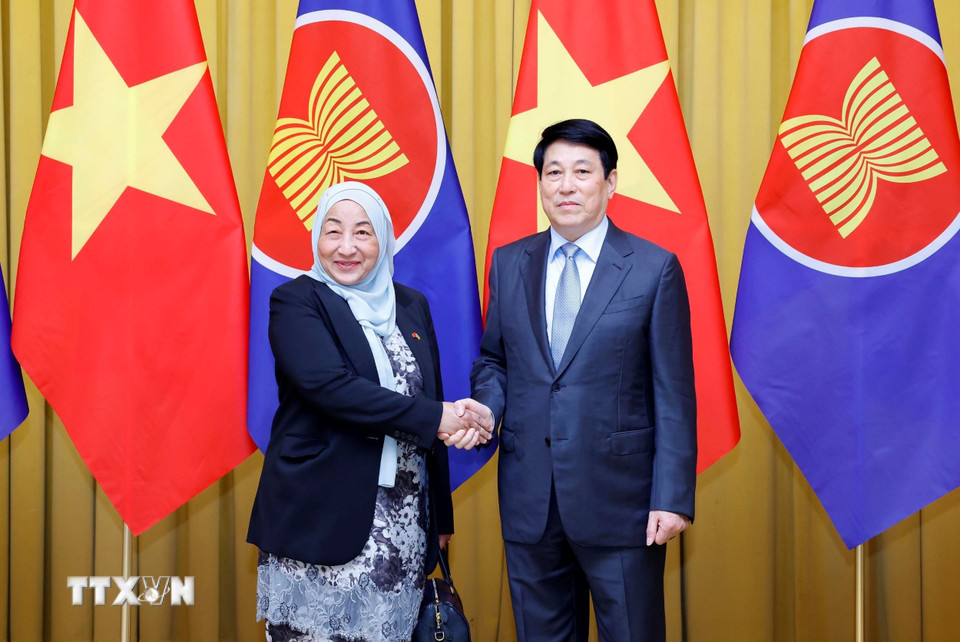 Chủ tịch nước Lương Cường với Đại sứ Brunei tại Việt Nam Datin Paduka Malai Hajah Halimah Malai Haji Yussof. (Ảnh: Lâm Khánh/TTXVN)