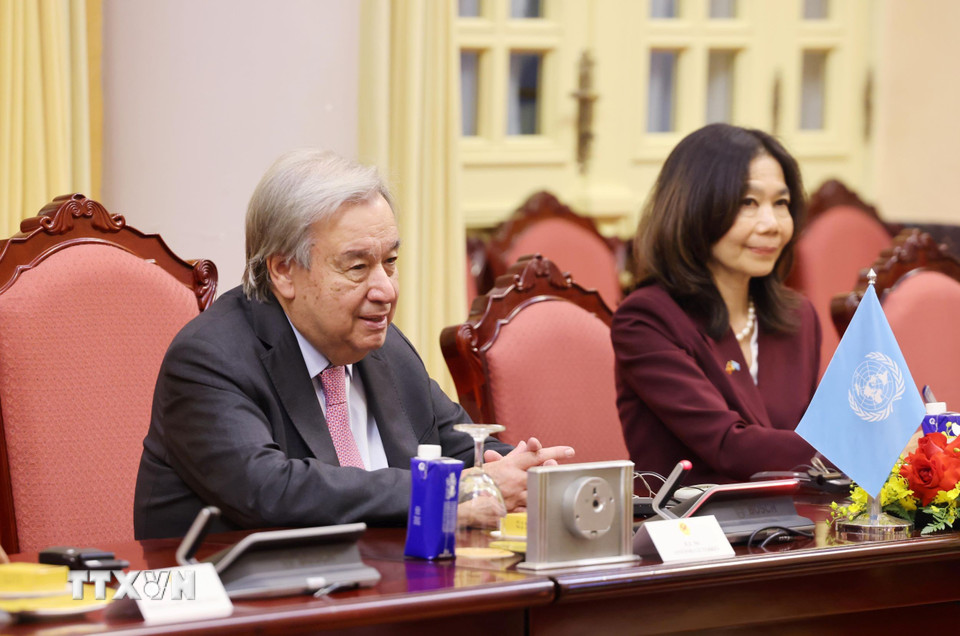 Tổng Thư ký Liên hợp quốc António Guterres phát biểu tại cuộc hội đàm với Chủ tịch nước Lương Cường. (Ảnh: Lâm Khánh/TTXVN)