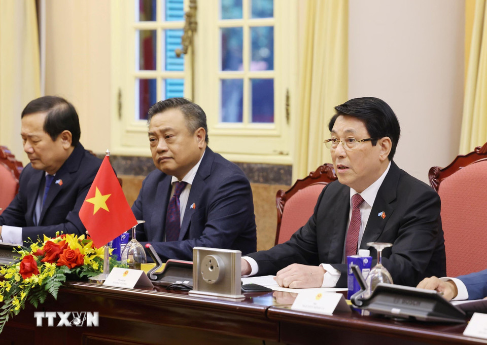 Chủ tịch nước Lương Cường phát biểu tại cuộc hội đàm với Tổng Thư ký Liên hợp quốc António Guterres. (Ảnh: Lâm Khánh/TTXVN)