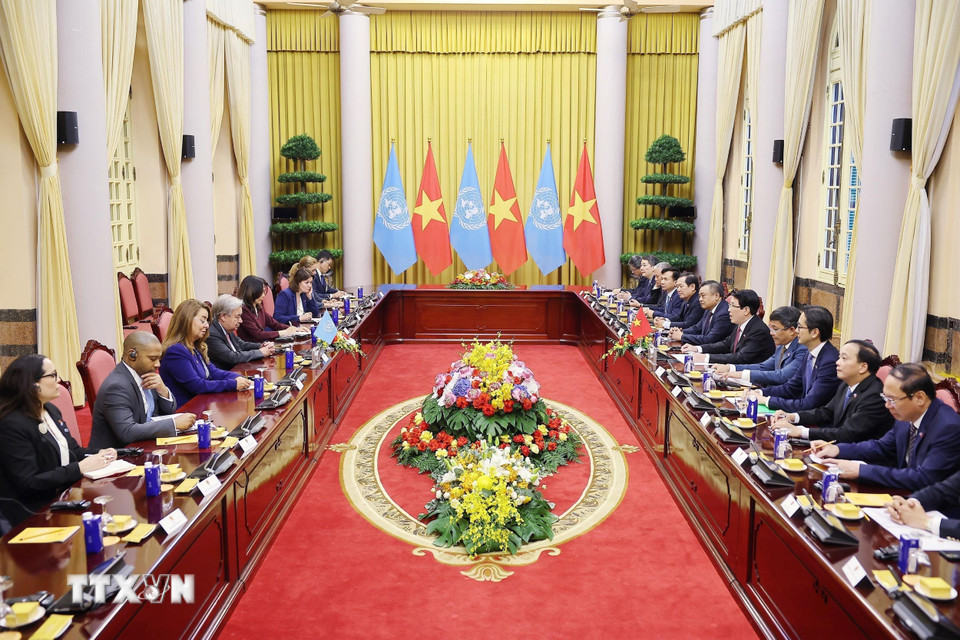 Chủ tịch nước Lương Cường hội đàm với Tổng Thư ký Liên hợp quốc António Guterres. (Ảnh: Lâm Khánh/TTXVN)