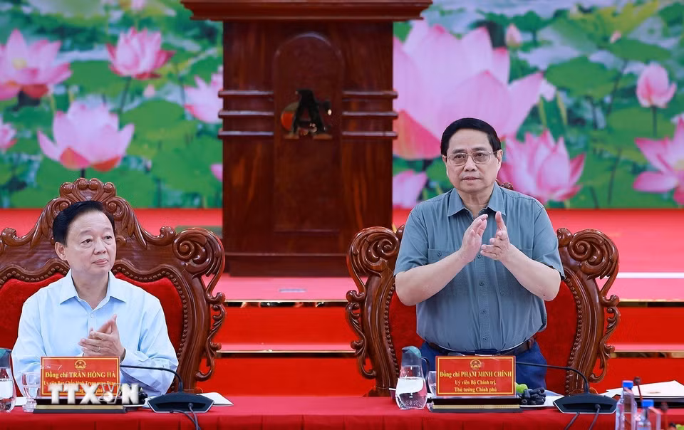 Thủ tướng Phạm Minh Chính chủ trì Hội nghị về thực hiện mô hình chính quyền địa phương 2 cấp và triển khai các dự án trọng điểm vùng Đồng bằng sông Cửu Long. (Ảnh: Dương Giang/TTXVN)
