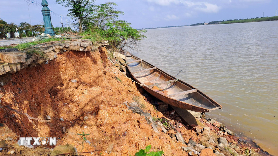 Nhiều đoạn trên bờ sông bị sạt lở vào sâu tạo hàm ếch hoặc phương thẳng đứng khoảng 3m. (Ảnh: Tường Vi/TTXVN)