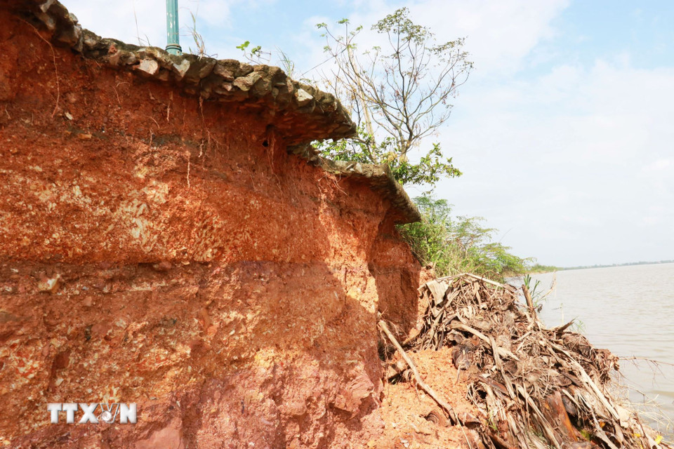 Bờ kè bị sụt lún tạo thành các hàm ếch sâu ăn vào vỉa hè đường Trần Thánh Tông. (Ảnh: Tường Vi/TTXVN)