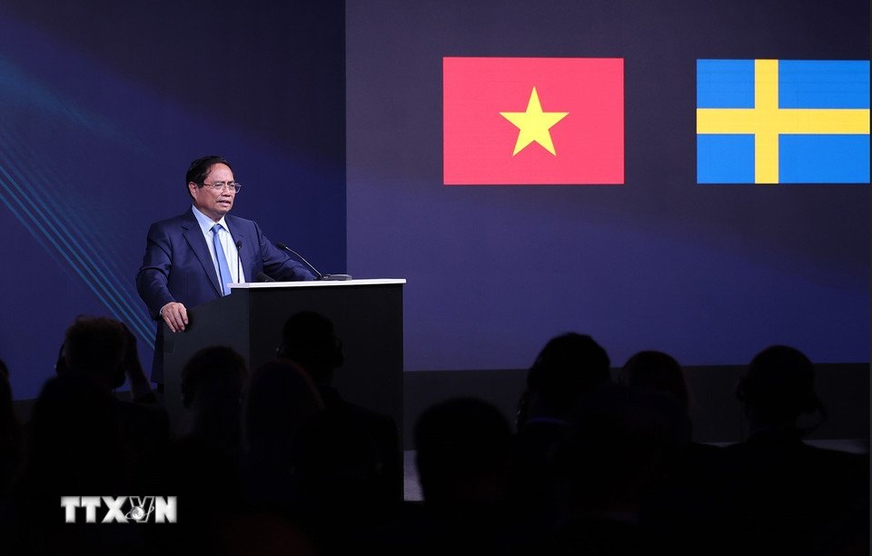 Thủ tướng Phạm Minh Chính phát biểu tại Diễn đàn kinh tế Việt Nam-Thụy Điển. (Ảnh: Dương Giang/TTXVN)