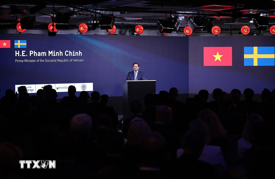 Thủ tướng Phạm Minh Chính phát biểu tại Diễn đàn kinh tế Việt Nam-Thụy Điển. (Ảnh: Dương Giang/TTXVN)
