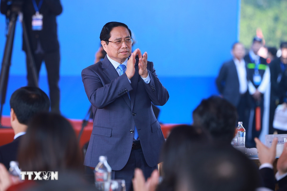 Thủ tướng Phạm Minh Chính dự khởi công Dự án đầu tư xây dựng khu đô thị thể thao Olympic, Hà Nội. (Ảnh: Dương Giang/TTXVN)