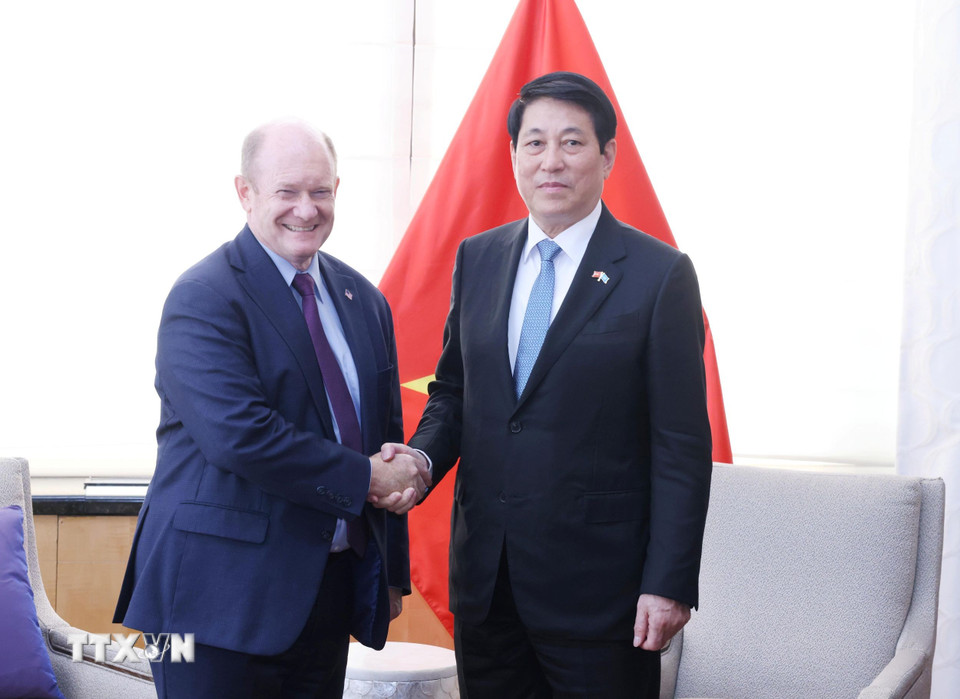 Chủ tịch nước Lương Cường tiếp Thượng Nghị sỹ Hoa Kỳ Chris Coons. (Ảnh: Lâm Khánh/TTXVN)