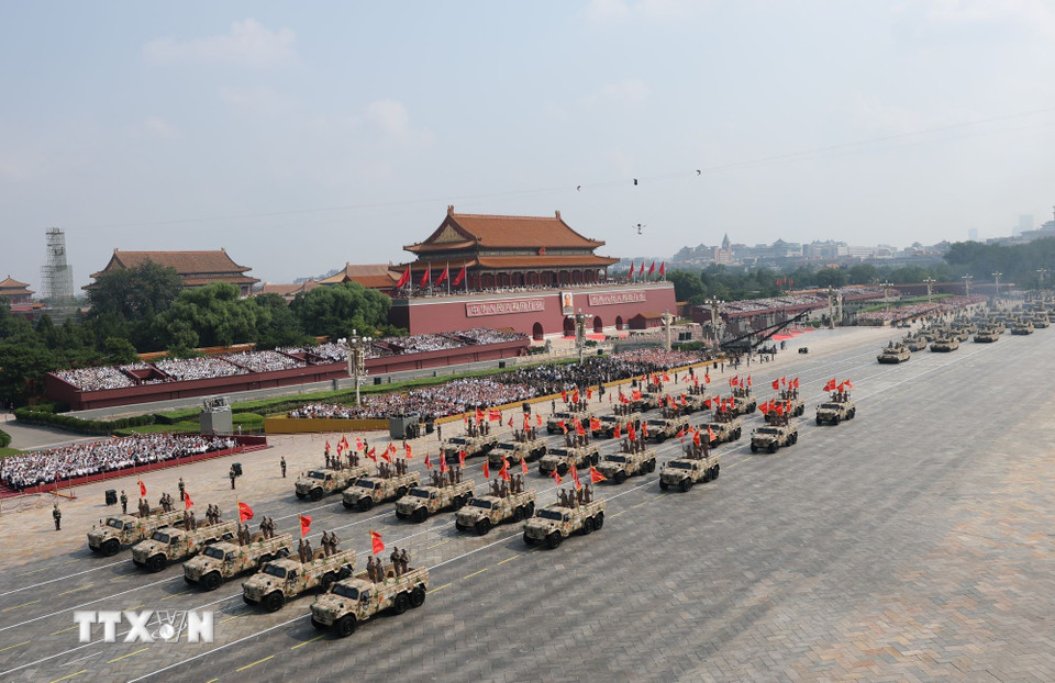 Quang cảnh Lễ duyệt binh kỷ niệm 80 năm chiến thắng phátxít của nhân dân thế giới ở Bắc Kinh, Trung Quốc, ngày 3/9/2025. (Ảnh: THX/TTXVN)