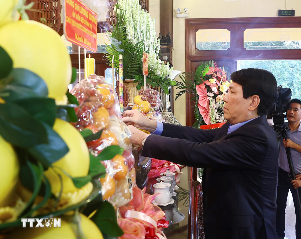 Chủ tịch nước Lương Cường dâng hương tại Khu lưu niệm Chủ tịch Tôn Đức Thắng ở xã Mỹ Hòa Hưng, thành phố Long Xuyên, tỉnh An Giang. (Ảnh: Lâm Khánh/TTXVN)