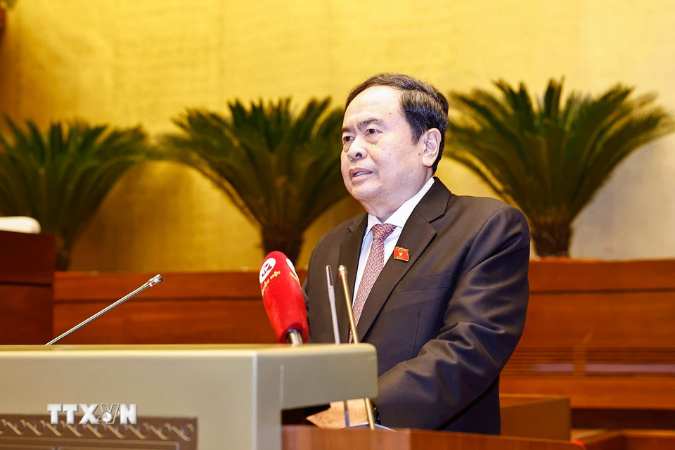 Chủ tịch Quốc hội Trần Thanh Mẫn phát biểu tại buổi gặp mặt. (Ảnh: Doãn Tấn/TTXVN)