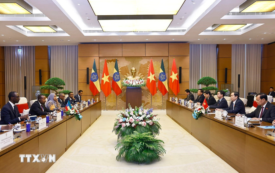 Chủ tịch Quốc hội Trần Thanh Mẫn hội kiến Thủ tướng Cộng hòa Dân chủ Liên bang Ethiopia Abiy Ahmed Ali. (Ảnh: Doãn Tấn/TTXVN)
