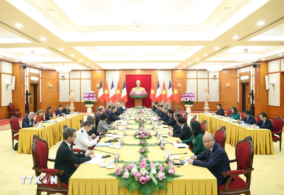 Tổng Bí thư Tô Lâm tiếp Tổng thống Pháp Emmanuel Macron. (Ảnh: Thống Nhất/TTXVN)