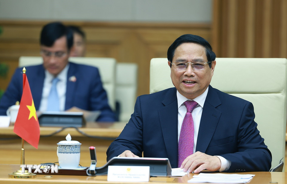 Thủ tướng Phạm Minh Chính phát biểu tại buổi hội đàm với Thủ tướng Liên bang Nga Mikhail Vladimirovich Mishustin. (Ảnh: Dương Giang/TTXVN)