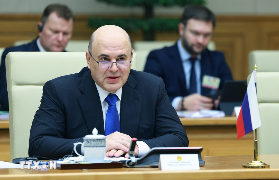 Thủ tướng Liên bang Nga Mikhail Vladimirovich Mishustin phát biểu. (Ảnh: Dương Giang/TTXVN)