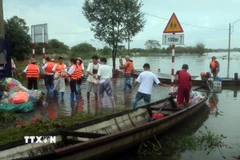 Các đoàn tình nguyện vận chuyển hàng hóa lên ghe để đưa vào những vùng ngập sâu ở thành phố Huế. (Ảnh: Đỗ Trưởng/TTXVN)