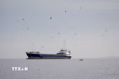 Tàu thủy di chuyển ở eo biển Hormuz, ngoài khơi tỉnh Musandam của Oman, ngày 12/4/2026. (Ảnh: Reuters/TTXVN)