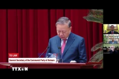 Các thành viên dự tọa đàm từ các điểm cầu theo dõi bài phát biểu của Tổng Bí thư Tô Lâm, do Hội CVFS chuẩn bị. (Ảnh: TTXVN phát)