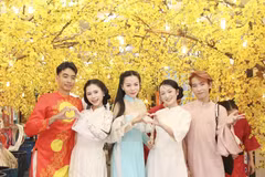 Nhiều bạn trẻ mặc trang phục áo dài trong Lễ hội Xuân. (Ảnh: Thu Hương/TTXVN)