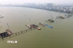 Tranh thủ thời tiết thuận lợi đầu năm, các nhà thầu thi công cầu Trần Hưng Đạo vượt sông Hồng đang huy động tối đa nhân lực, máy móc, tổ chức nhiều mũi thi công song song, quyết tâm bám “đường găng” tiến độ để đưa công trình về đích đúng cam kết. (Ảnh: Quốc Khánh/TTXVN)