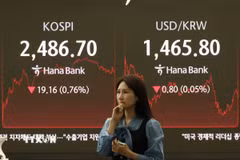 Bảng điện tử hiển thị chỉ số chứng khoán KOSPI tại ngân hàng Hana ở Seoul, Hàn Quốc ngày 3/4/2025. (Ảnh: Yonhap/TTXVN)