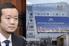 Ông trùm Trần Chí và trụ sở của Prince Group ở Campuchia. (Ảnh: HKEJ)