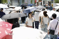 Người dân di chuyển dưới trời nắng gắt tại Ginza, Nhật Bản. (Ảnh: Kyodo/TTXVN)