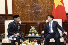 Chủ tịch nước Lương Cường tiếp Đại sứ Cộng hòa Indonesia Adam Mulawarman Tugio đến trình Quốc thư nhận nhiệm vụ tại Việt Nam. (Ảnh: Lâm Khánh/TTXVN)