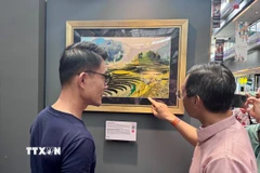 Đại sứ Trần Phước Anh (phải) giới thiệu tranh của Việt Nam với ông Baey Yam Keng - Quận trưởng quận Đông Bắc. (Ảnh: Đỗ Vân/TTXVN)