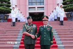 Đại tướng Nguyễn Tân Cương và Thiếu tướng Dato Paduka Seri Faji Muhammad Haszaimi Bin Bol Hassan trước giờ hội đàm. (Ảnh: Trọng Đức/TTXVN)