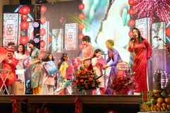 Một tiết mục biểu diễn mừng Xuân. (Ảnh: Thu Hằng/TTXVN)