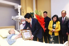 Thay mặt Lãnh đạo Đảng, Nhà nước, Chủ tịch nước Lương Cường trao Huy hiệu 65 năm tuổi Đảng tặng đồng chí Trần Đức Lương, nguyên Uỷ viên Bộ Chính trị, nguyên Chủ tịch nước. (Ảnh: Lâm Khánh/TTXVN)