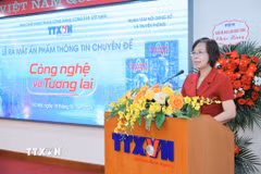 Đồng chí Vũ Việt Trang, Ủy viên Ban Thường vụ Đảng ủy các cơ quan Đảng Trung ương, Bí thư Đảng ủy, Tổng Giám đốc Thông tấn xã Việt Nam, Phó Trưởng Ban Tuyên giáo và Dân vận Trung ương phát biểu. (Ảnh: Lê Đông/TTXVN)