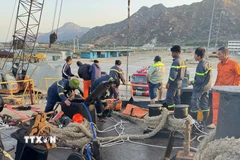 Lực lượng cứu hộ cứu nạn làm việc trên tàu Trường Nguyên 8. (Ảnh: TTXVN phát)
