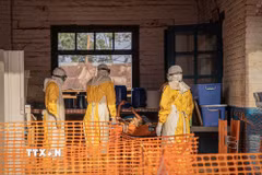 Nhân viên y tế chuyển bệnh nhân Ebola tại trung tâm điều trị ở Ituri, Cộng hòa Dân chủ Congo. (Ảnh: THX/TTXVN phát)