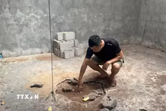 Hố sụt lún trong nhà hộ dân sống gần với mỏ đá của Công ty cổ phần xi măng Đồng Lâm (phường Phong Điền, thành phố Huế). (Ảnh: Văn Dũng/TTXVN)
