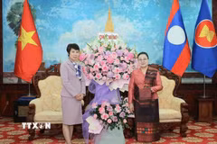 Tổng Giám đốc Thông tấn xã Việt Nam Vũ Việt Trang tặng lẵng hoa chúc mừng Đại sứ Lào tại Việt Nam Khamphao Ernthavanh nhân dịp kỷ niệm 50 năm Quốc khánh nước CHDCND Lào. (Ảnh: Hoàng Hiếu/TTXVN)