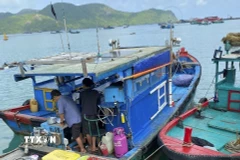Tàu cá BV 08915 TS khi bị kiểm tra hành chính. (Ảnh: TTXVN phát)