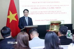 Chủ tịch nước Lương Cường, Phu nhân và các đại biểu với cán bộ, nhân viên Đại sứ quán và đại diện cộng đồng người Việt Nam tại Angola. (Ảnh: Lâm Khánh/TTXVN)