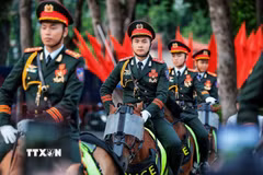 Hình ảnh cán bộ, chiến sỹ Cảnh sát cơ động Kỵ binh trong đội hình tổng duyệt nổi bật giữa không gian rợp cờ Tổ quốc tại khu vực trung tâm Hà Nội. (Ảnh: Phạm Tuấn Anh/TTXVN)