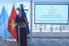 Đại sứ Đỗ Hùng Việt, Trưởng Phái đoàn thường trực Việt Nam tại Liên hợp quốc, phát biểu tại buổi tiếp tân. (Ảnh: Thanh Tuấn/TTXVN)