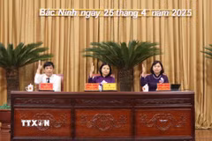 Các đại biểu biểu Hội đồng Nhân dân tỉnh Bắc Ninh quyết thông qua Nghị quyết. (Ảnh: Thanh Thương/TTXVN)