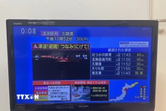 Thông tin về trận động đất có độ lớn 7,6 ở ngoài khơi tỉnh Aomori (Nhật Bản) được phát trên truyền hình tại thủ đô Tokyo, ngày 9/12/2025. (Ảnh: THX/TTXVN)