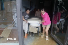 Người dân khẩn trương di dời tài sản ra khỏi vùng nguy cơ ngập lụt. (Ảnh: Chu Hiệu/TTXVN)