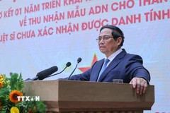 Thủ tướng Phạm Minh Chính phát biểu tại Hội nghị sơ kết công tác thu nhận mẫu ADN cho thân nhân liệt sỹ chưa xác định được danh tính trên toàn quốc. (Ảnh: Dương Giang/TTXVN)