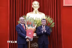 Trưởng Ban tổ chức Trung ương Lê Minh Hưng trao quyết định cho ông Phạm Đại Dương. (Ảnh: Trọng Đạt/TTXVN)