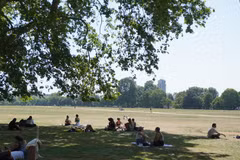 Người dân tránh nóng dưới bóng cây trong công viên ở London, Anh. (Ảnh: THX/TTXVN)